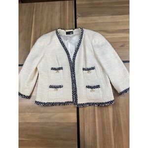 Luisa Spagnoli Ivory Tweed Blazer Jacket Black Trim Pearl Button‎ Pockets